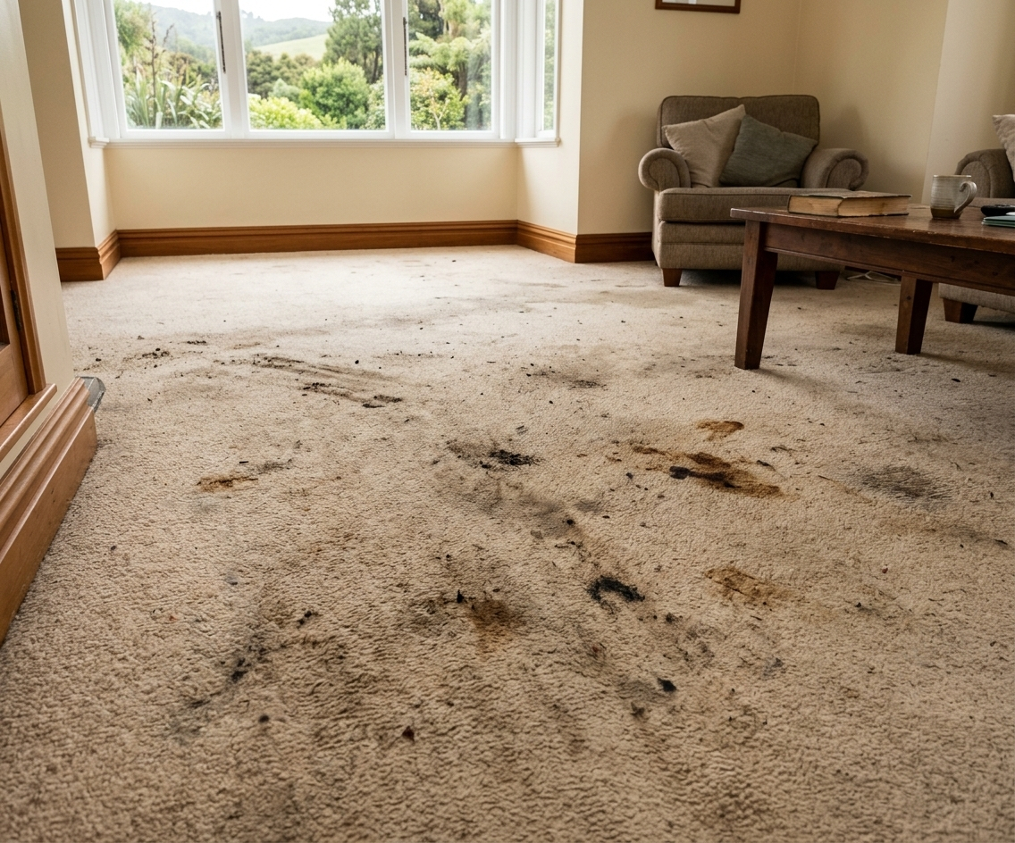 Carpet dulled by foot traffic before cleaning